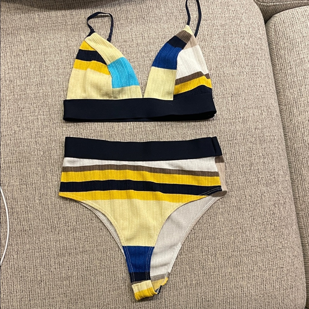 Striped Bikini Set with Yellow and Blue Accents